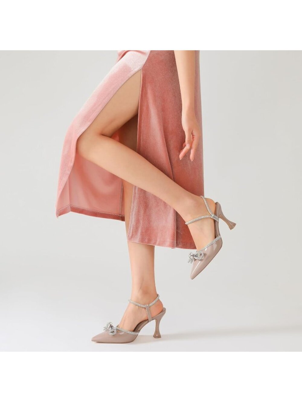 Women's Nude Patent Closed Toe Rhinestone Low Slingback Shoes Kitten Heels - Picture 5 of 7